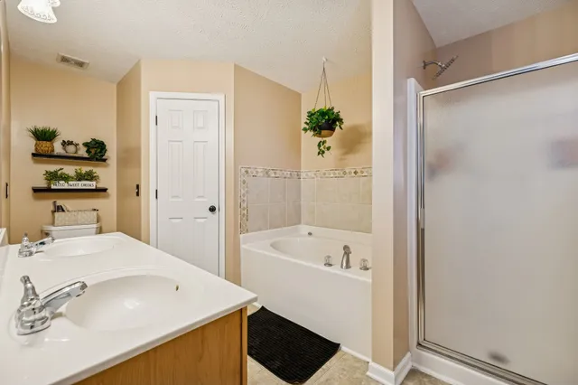 a bathroom with a sink double vanity and a bathtub