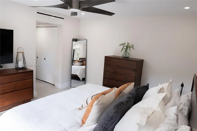 a bedroom with a bed and a flat tv screen