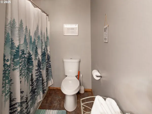 a white toilet sitting next to a shower curtain