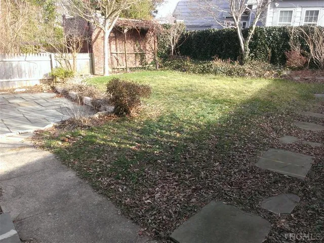a view of a yard with plants and trees