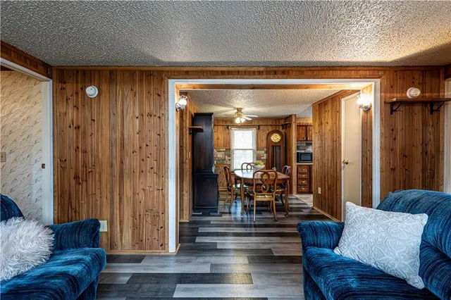 a view of a dining room with furniture