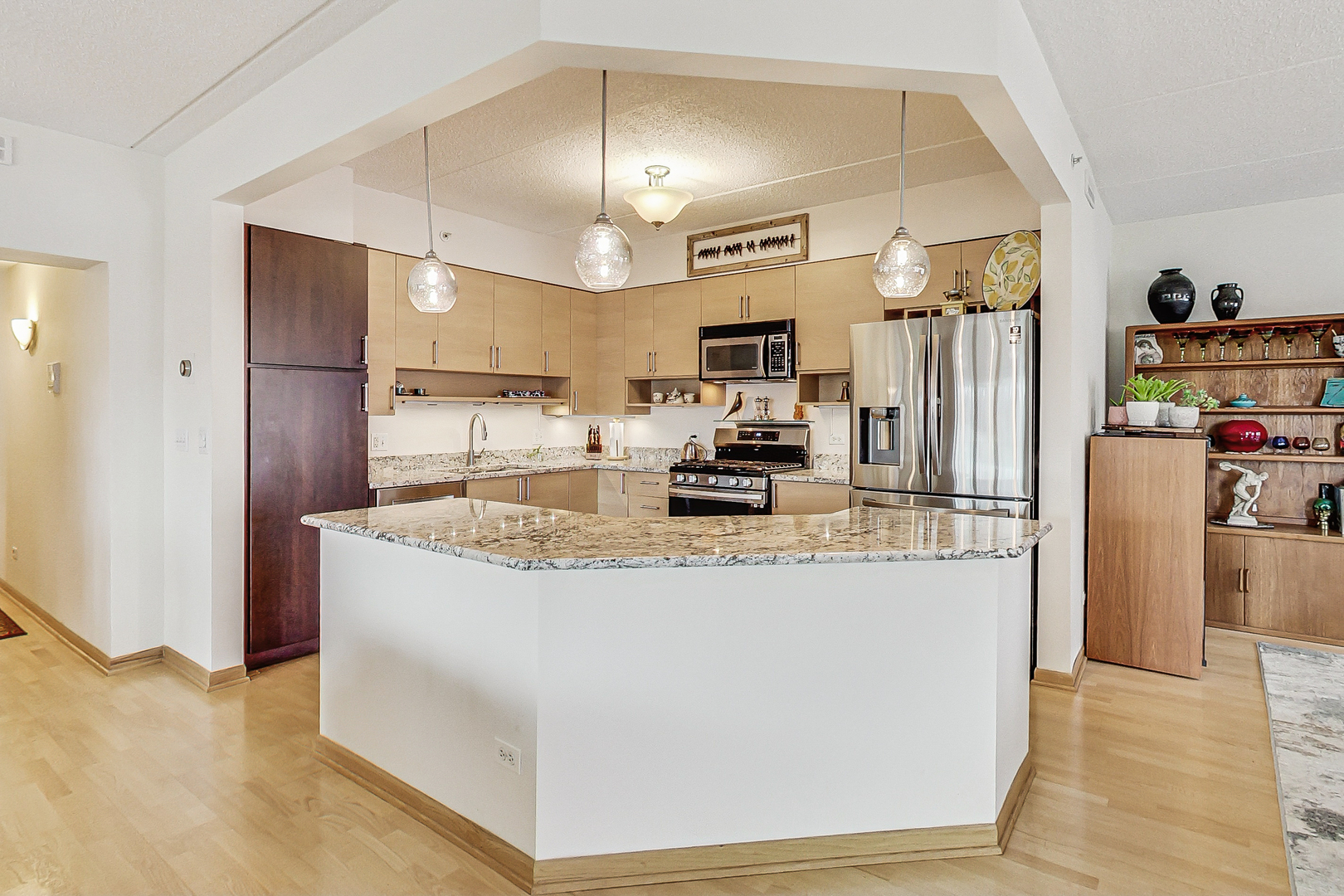 911 Busse Highway, Unit 204 Park Ridge, IL 60068 - Photo 11 of 31 a kitchen with kitchen island a counter top space cabinets and stainless steel appliances