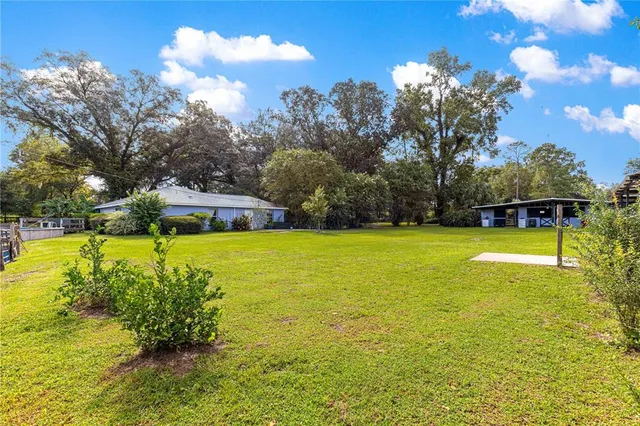 a view of a swimming pool with a yard and plants