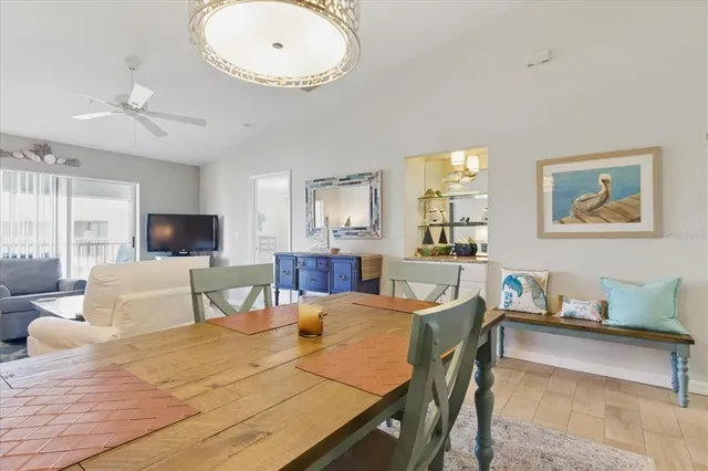a view of a dining room with furniture