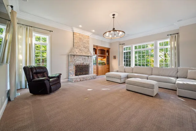 a living room with furniture windows and a fireplace