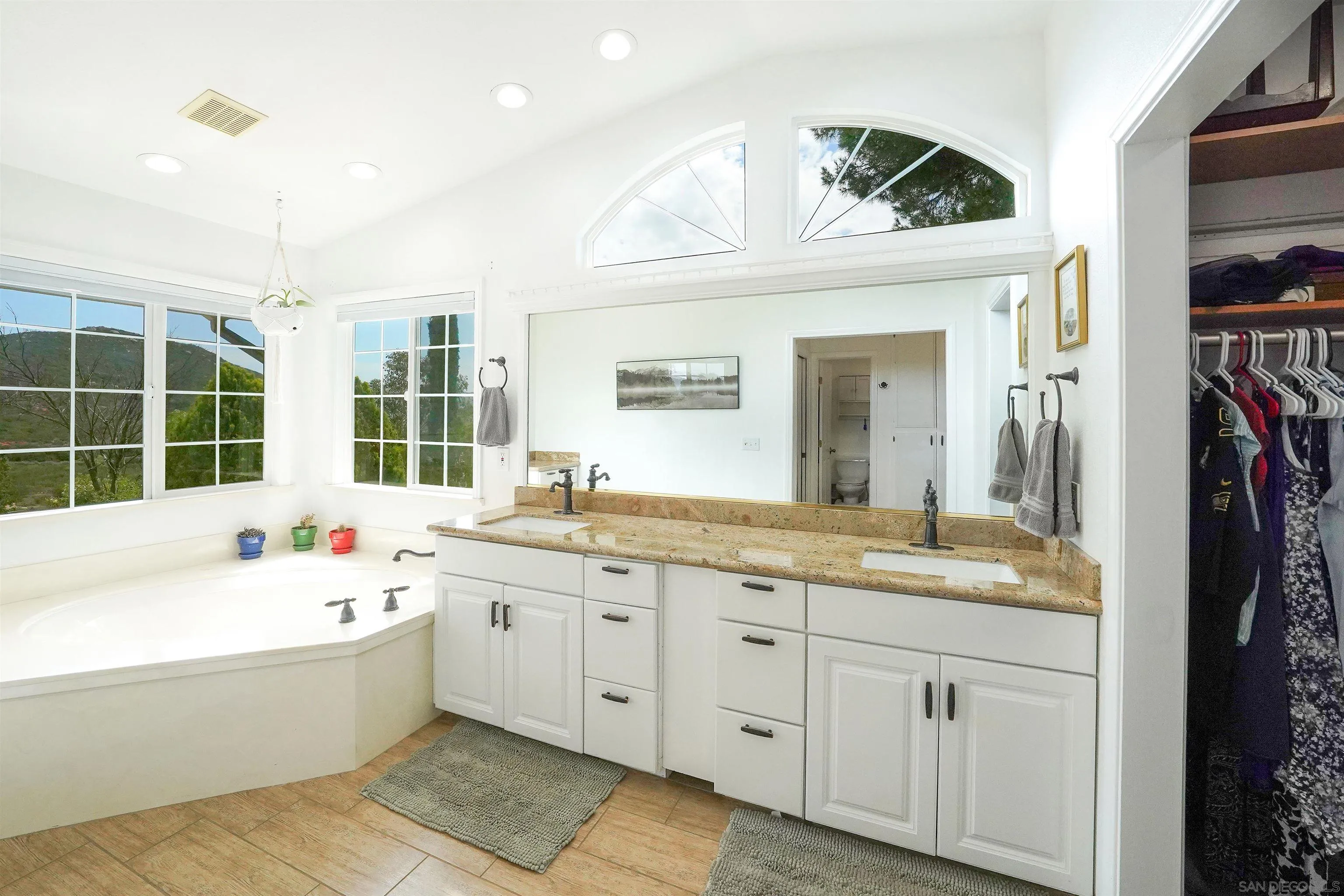 24563 Del Amo Road Ramona, CA 92065 - Photo 29 of 59 a bathroom with a sink a large mirror and a bathtub next to a window