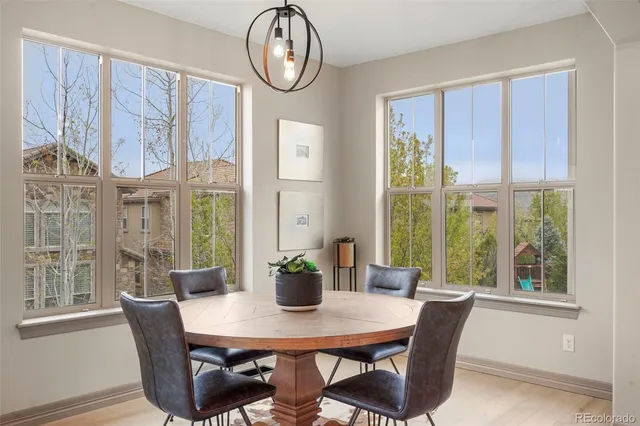 a view of a dining room with furniture window and outside view