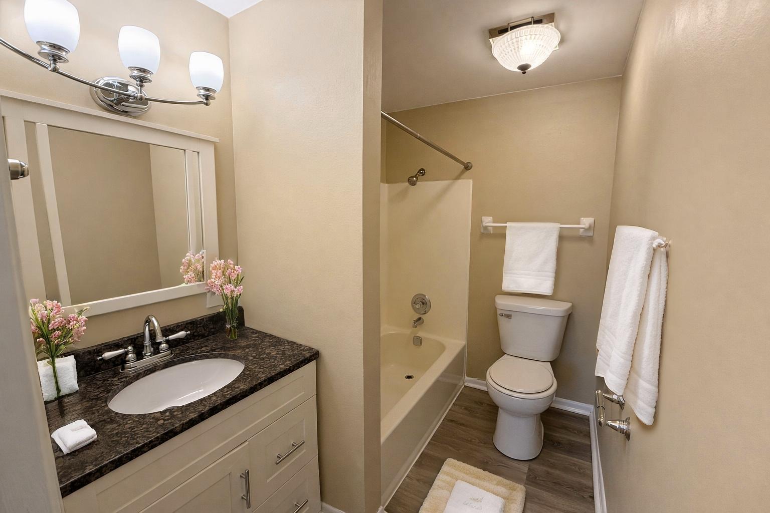1462 Stonebridge Circle, Unit F10 Wheaton, IL 60189 - Photo 13 of 19 a bathroom with a granite countertop sink toilet and shower
