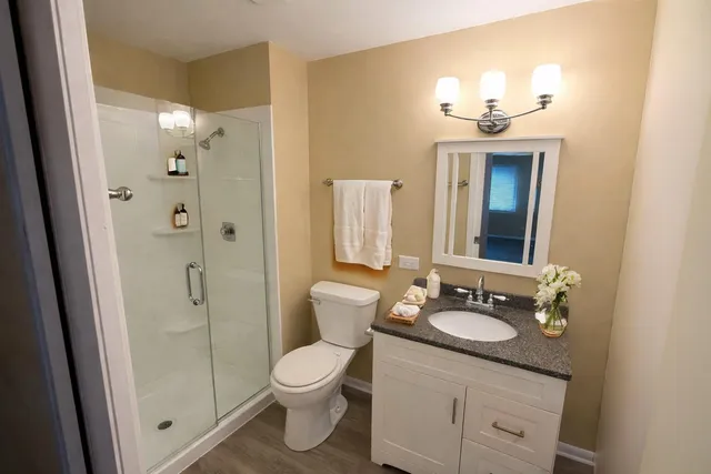a bathroom with a double vanity sink toilet and shower