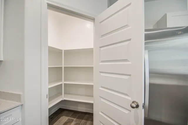 a storage room with cabinets