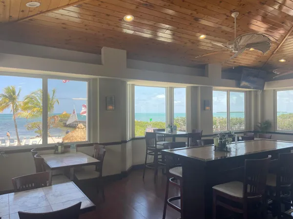 a room with lots of tables a large window and chairs