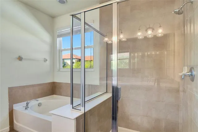 a bathroom with a bathtub and a shower