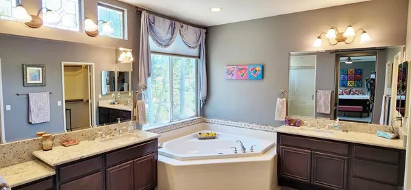 a bathroom with a tub sink and mirror