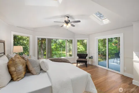 a spacious bedroom with a large bed and a large window