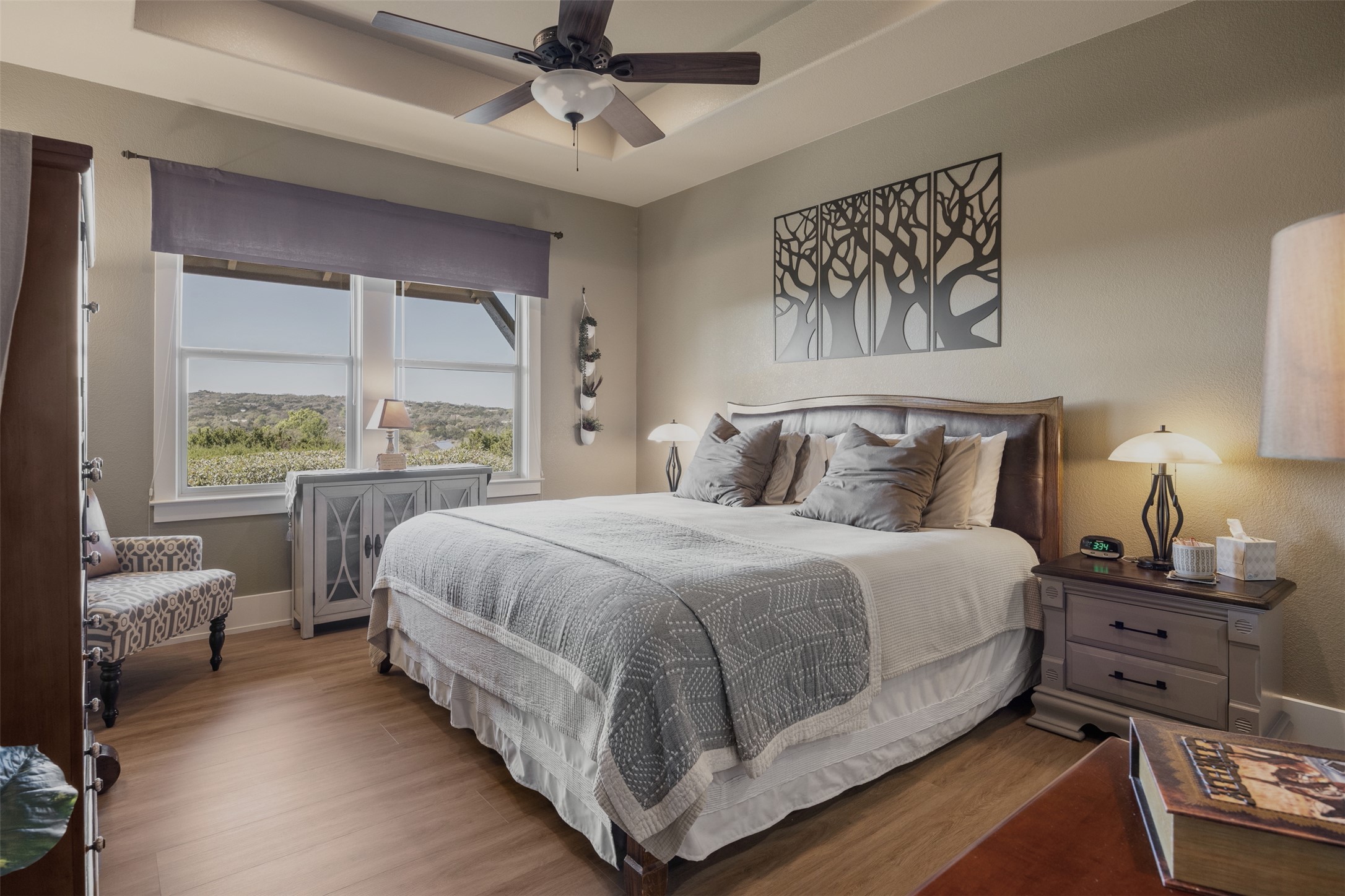 261 Barber Drive Wimberley, TX 78676 - Photo 19 of 37 Bedroom with a tray ceiling, wood finished floors, and ceiling fan