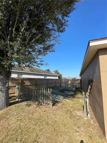 a view of a backyard with a large tree