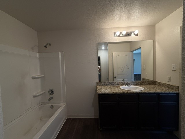 124 Niven Path Jarrell, TX 76537 - Photo 8 of 15 a bathroom with a granite countertop sink a mirror and a bathtub