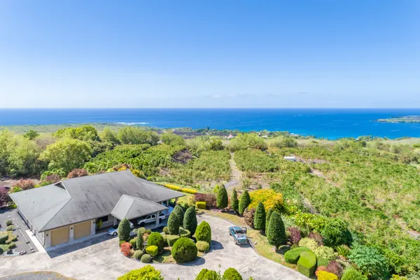 a view of a garden with an ocean view