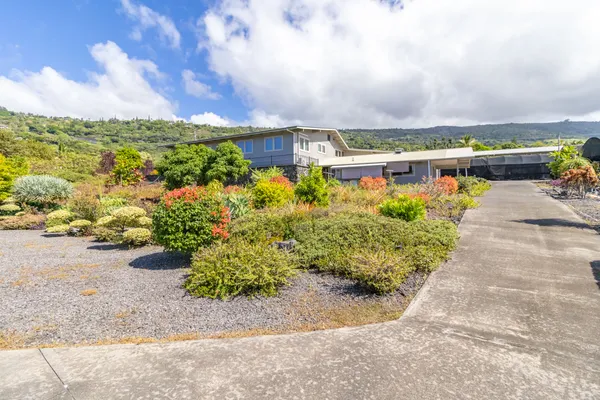a view of a pathway with flower plants in front of house