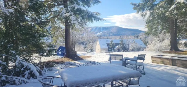 a view of backyard with table and chairs and wooden fence