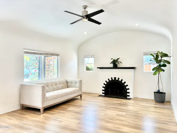 a living room with furniture and a potted plant