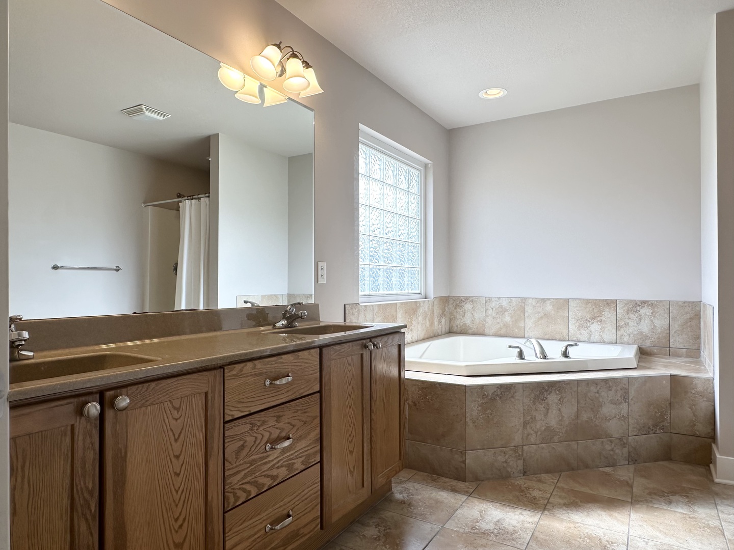 1205 Eagle Bluff Drive Bourbonnais, IL 60914 - Photo 18 of 51 a bathroom with a granite countertop sink a bathtub a mirror and a bathtub