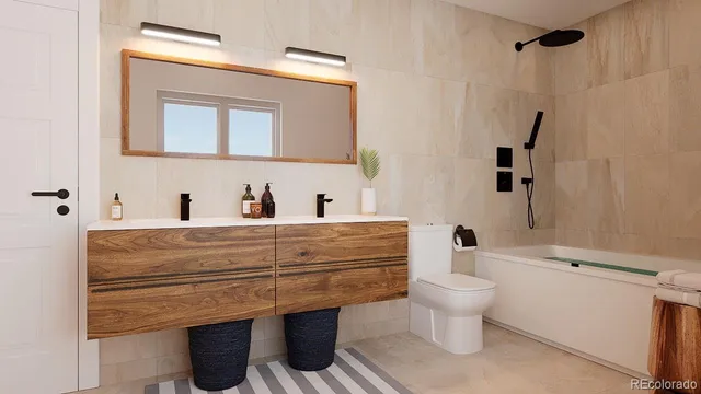 a bathroom with a sink toilet mirror and vanity