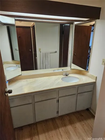 a bathroom with a sink and a mirror