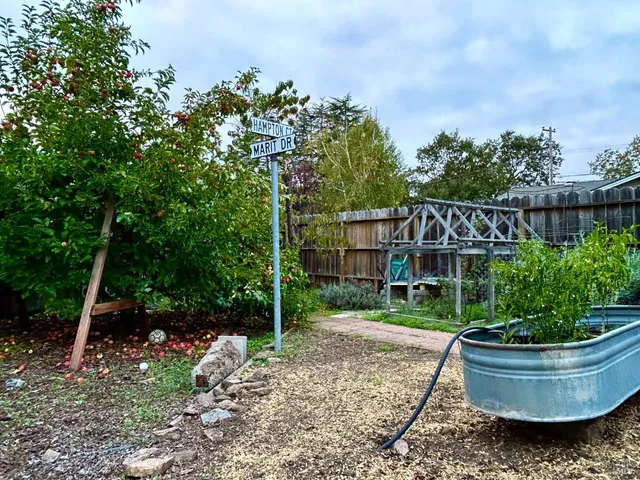 a view of an house with backyard space and garden