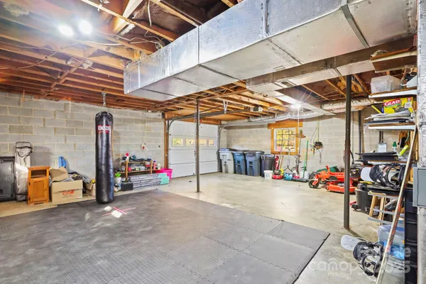 a view of a garage with storage