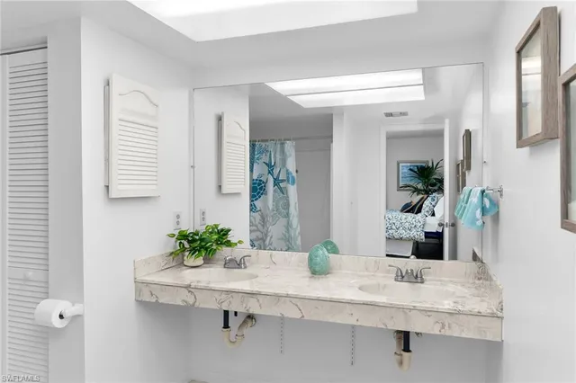 a bathroom with a sink a mirror and a shower