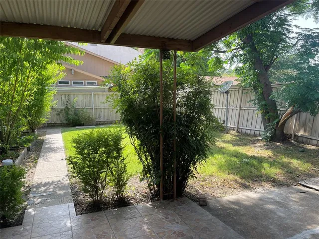 a view of a backyard with large trees and plants