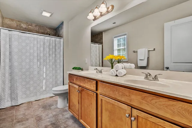 a bathroom with a double vanity sink mirror and toilet
