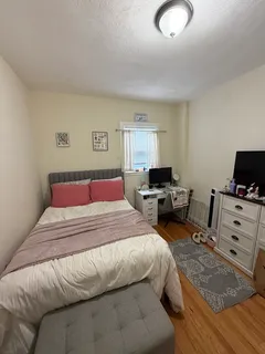 a bedroom with a bed and a television