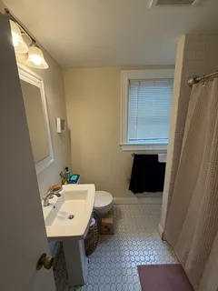a bathroom with a sink toilet and mirror