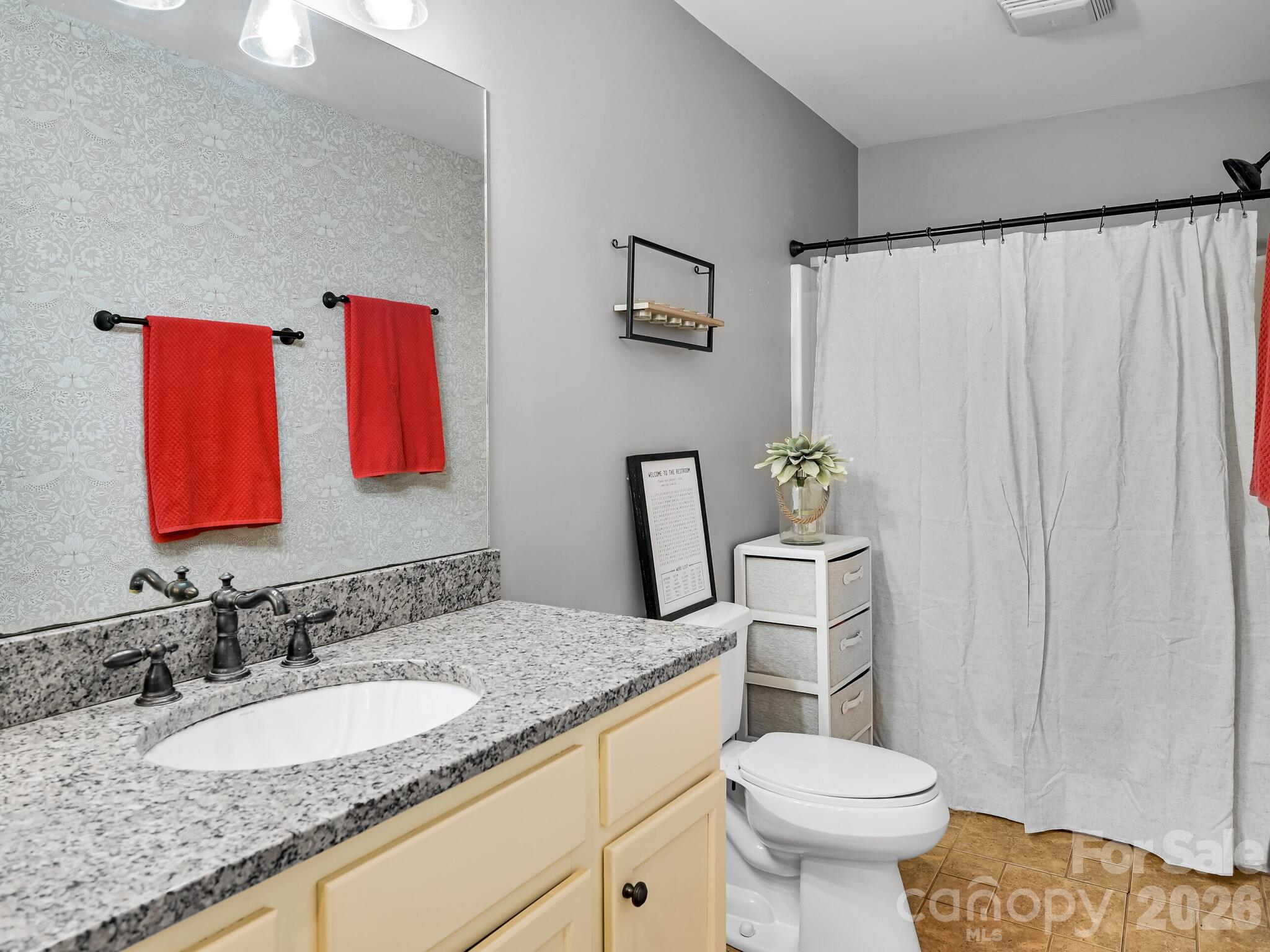 1645 Ivy Hill Road Marshall, NC 28753 - Photo 27 of 36 a bathroom with a granite countertop sink and a mirror