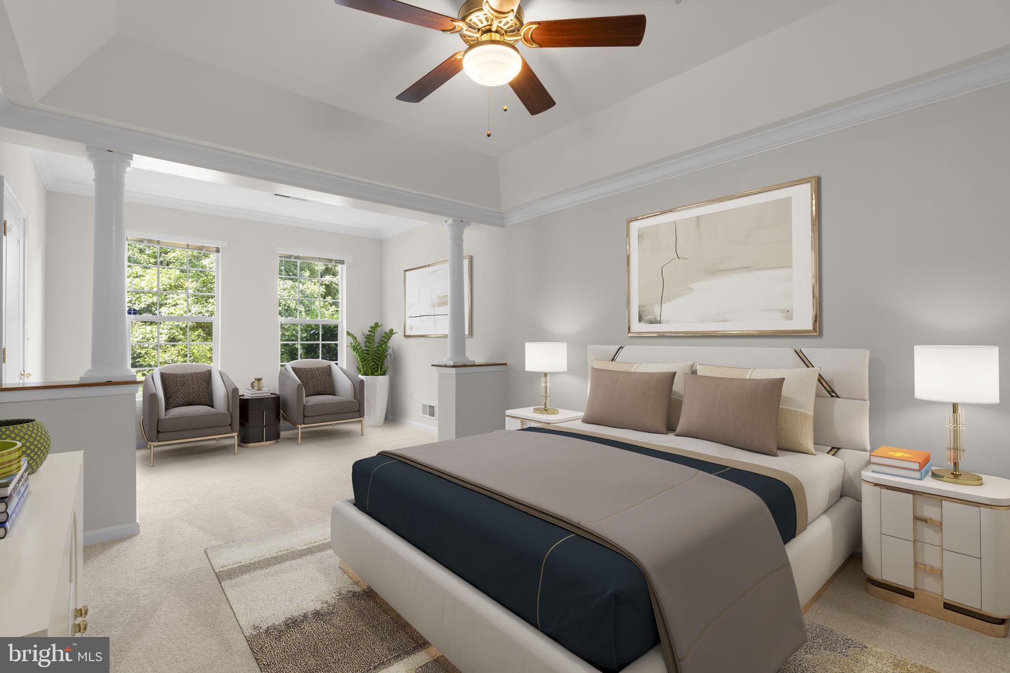 7315 Maplecrest Road, Unit 104 Elkridge, MD 21075 - Photo 24 of 58 a bedroom with a balcony a bed and a chandelier