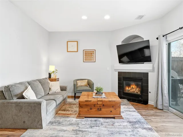 a living room with furniture and a fireplace