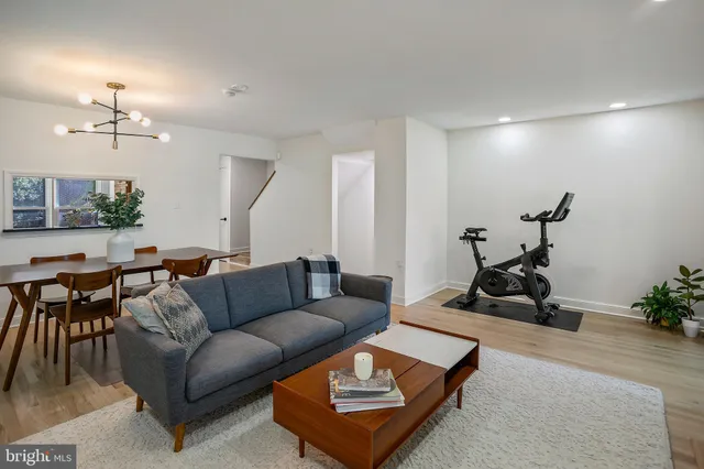 a living room with furniture a plant and a chandelier