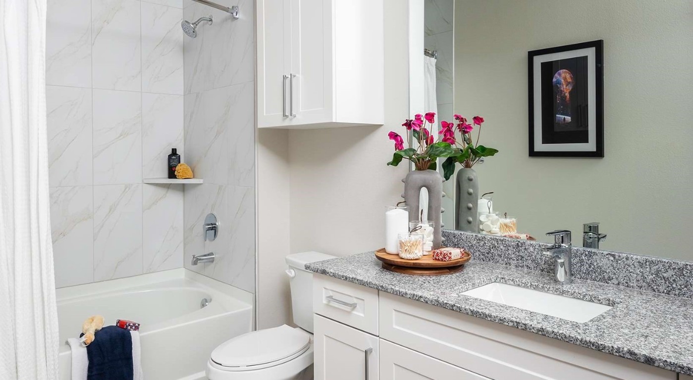 2425 Bell Street, Unit 1557 Houston, TX 77003 - Photo 9 of 30 a bathroom with a granite countertop sink a toilet and bathtub