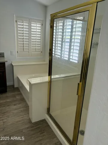 a bath room with a window