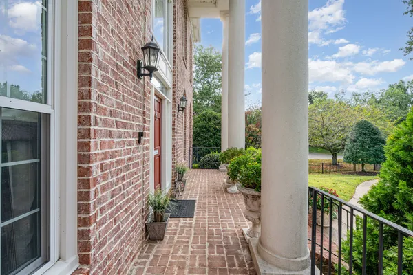a view of a balcony with wooden floor and plants