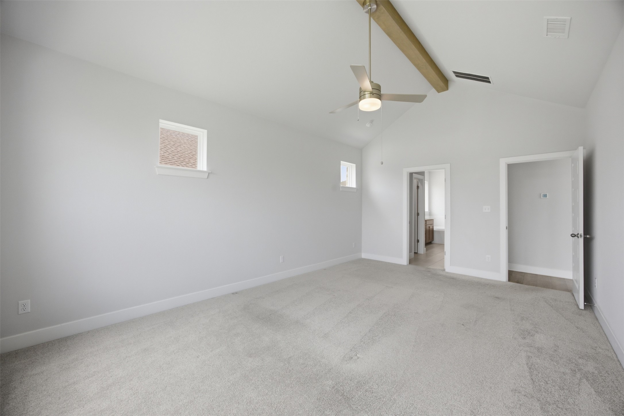 2101 Little Snake Way Georgetown, TX 78633 - Photo 20 of 37 A spacious primary bedroom with soaring vaulted ceilings and a modern ceiling fan for optimal comfort.