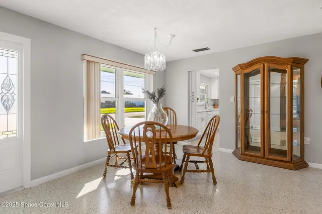 a view of a dining room with furniture window and outside view