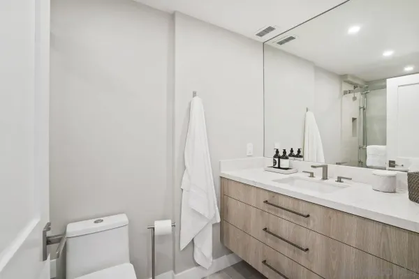 a bathroom with a double vanity sink toilet and a mirror