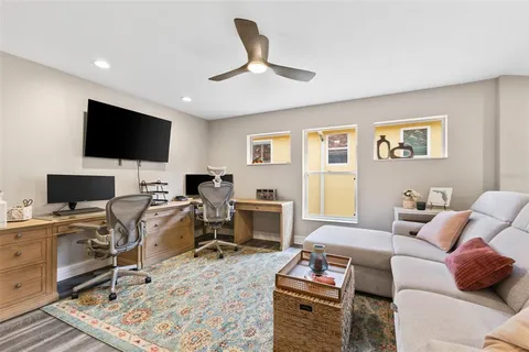 a workspace with chandelier