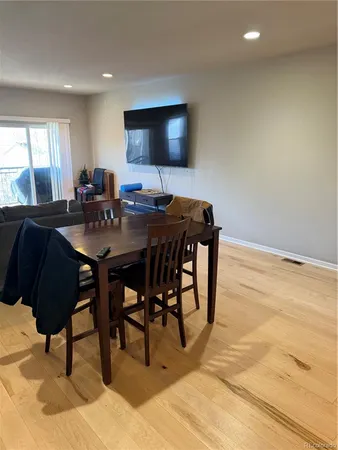 a view of a dining room with furniture