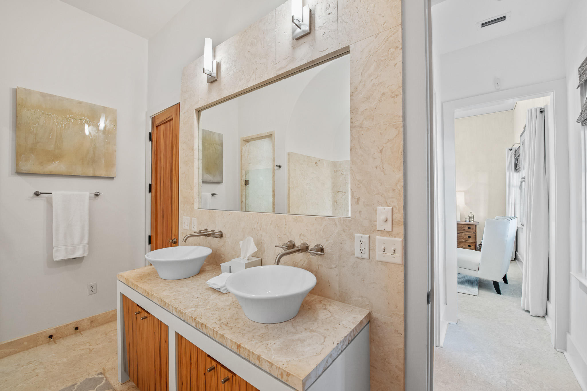 86 North Charles Street, Unit B9 Inlet Beach, FL 32461 - Photo 45 of 60 a bathroom with a granite countertop sink a mirror and a shower