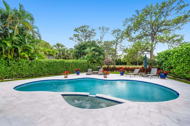 an aerial view of residential house with outdoor space and swimming pool