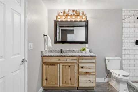 a bathroom with a granite countertop toilet sink and mirror